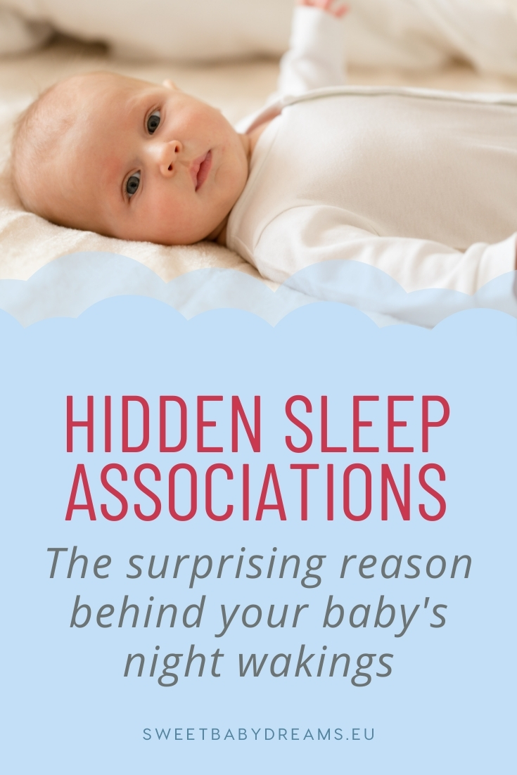 Image of baby awake on bed with text "Hidden sleep associations. Te surprising reason behind your baby's night wakings."